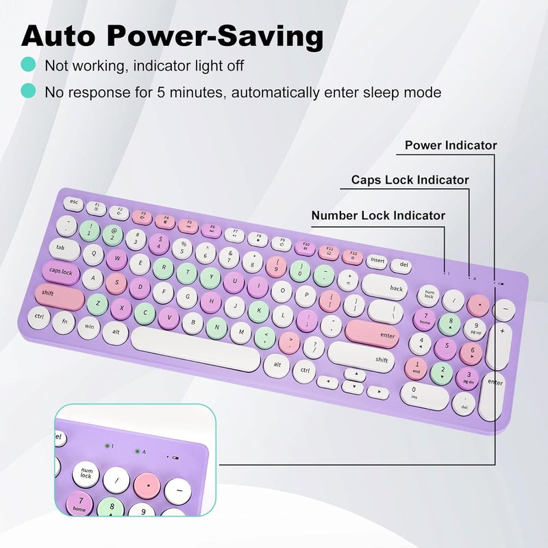 GUKJOB Wireless Keyboard and Mouse Combo, Retro Typewriter Keyboard with Round Keycaps, 2.4GHz USB Cute Wireless Keyboard Mouse for Computer, Desktop, Laptop (Purple Colorful) - Image 3